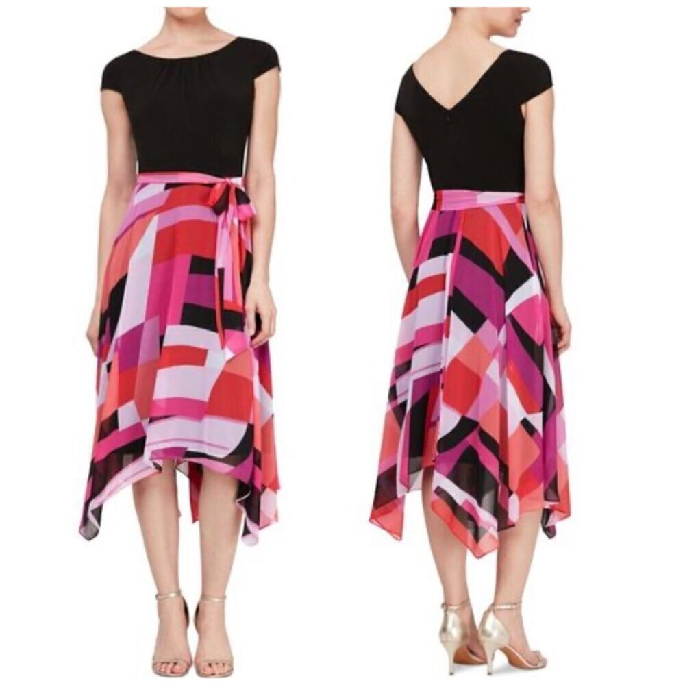 SLNY Black Scoop Neck‎ Cap Sleeve Chiffon Multicolor Asymmetrical Maxi Dress Sz8